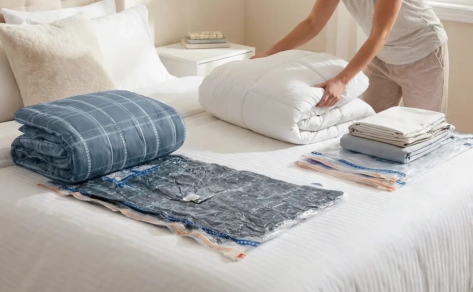 compression bags on bed